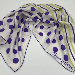 Vintage Sally Gee Square Scarf Purple Lime Green White Polka Dots & Stripes